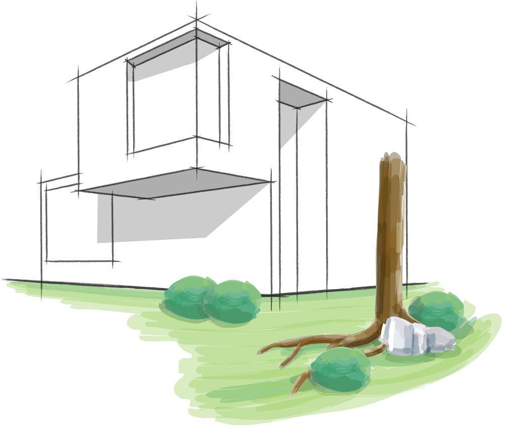 Final sketch of isometric two storey house, fully coloured tree base, roots, rocks, grass and bushes.