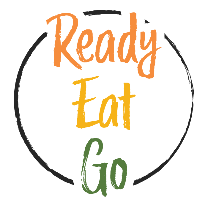 Word Ready in tangerine colour, Eat in mango colour, Go in avocado colour. A black rough sketch circle like a plate in the background.